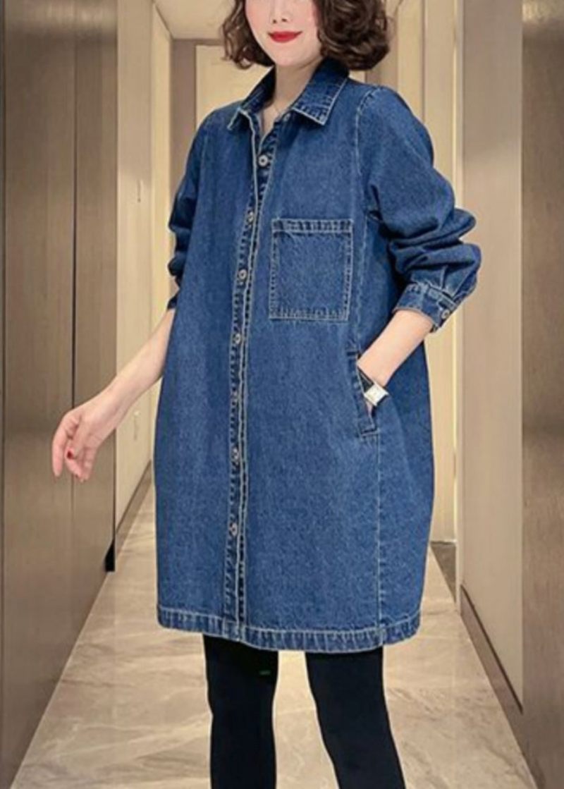 Dam Denim Blå Fickor Patchwork Button Coat Fall - Vinterkappor för kvinnor