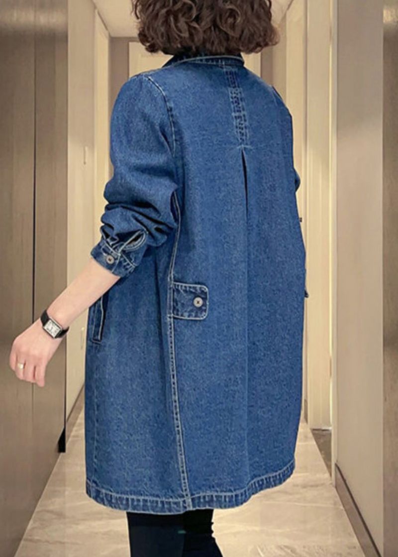 Dam Denim Blå Fickor Patchwork Button Coat Fall - Vinterkappor för kvinnor