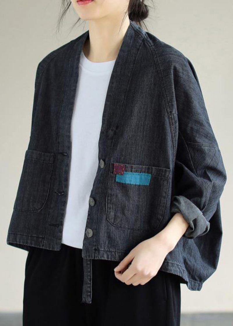 Dam Denim Svarta Kappor V-hals Button Down Vårrockar