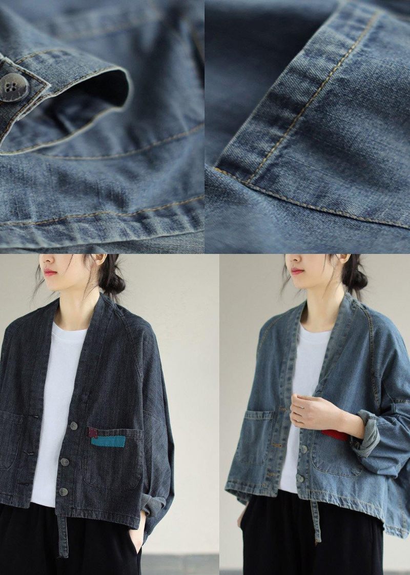 Dam Denim Svarta Kappor V-hals Button Down Vårrockar - Svart