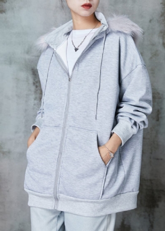 Dam Grå Hooded Fickor Varm Fleece Sweatshirt Kappor Spring