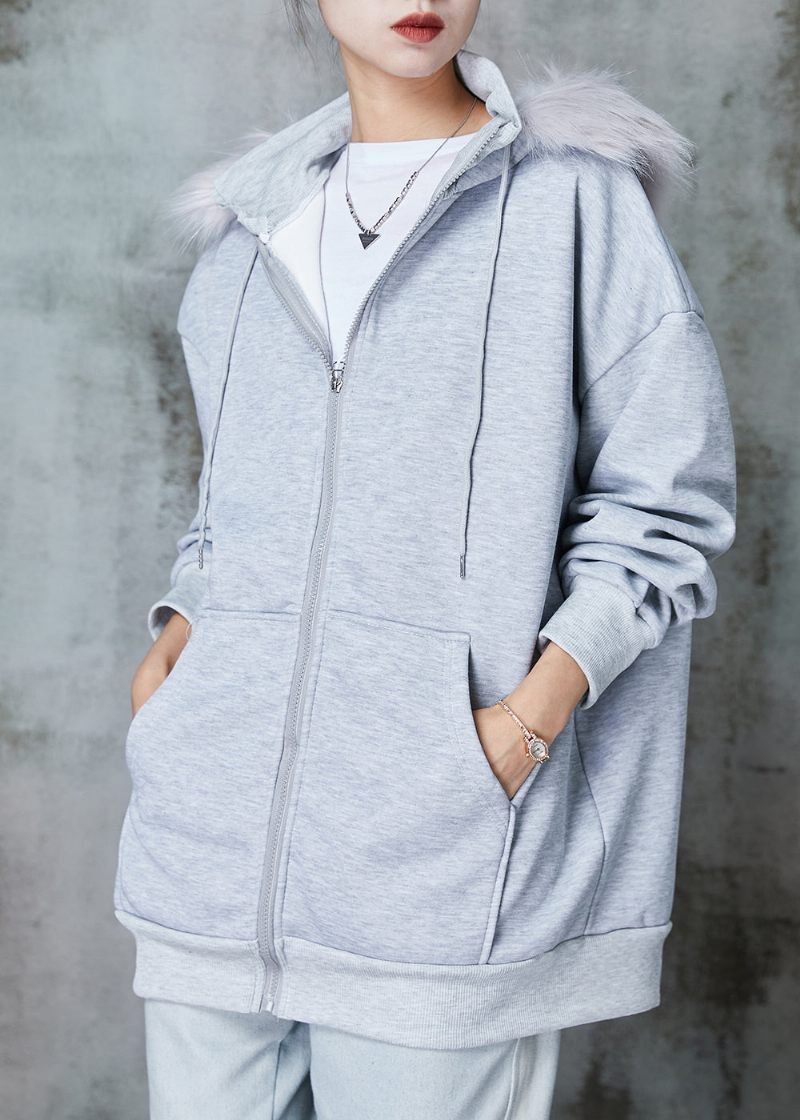 Dam Grå Hooded Fickor Varm Fleece Sweatshirt Kappor Spring - Vinterkappor för kvinnor