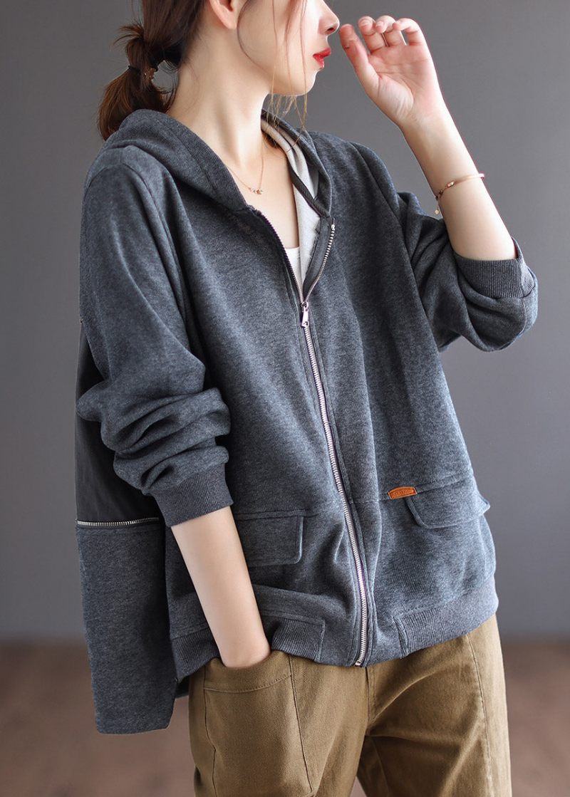 Dam Grå Patchwork Bomull Hoodie Coat Spring