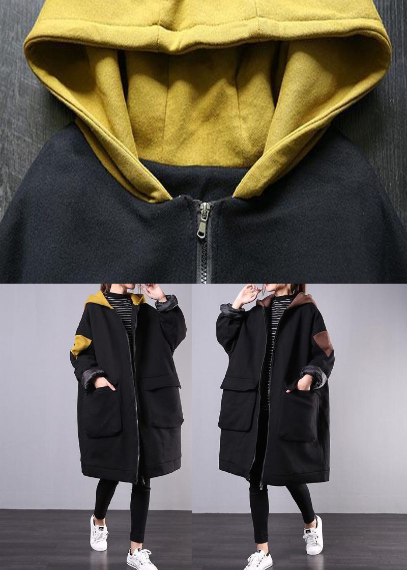 Dam Gula Fickor Patchwork Tjock Hooded Parka Långärmad - Gul