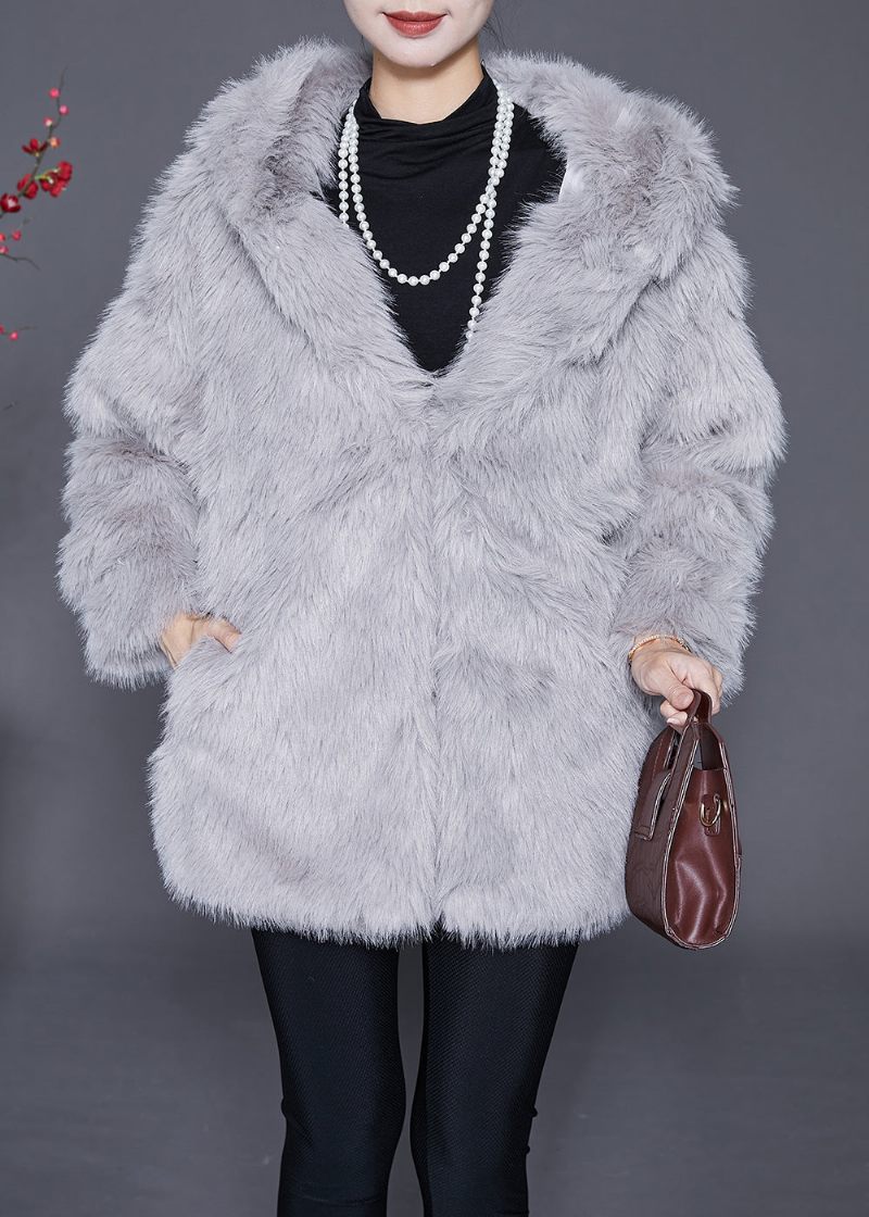 Dam Ljusgrå Hooded Warm Faux Fur Jackor Winter - Vinterkappor för kvinnor