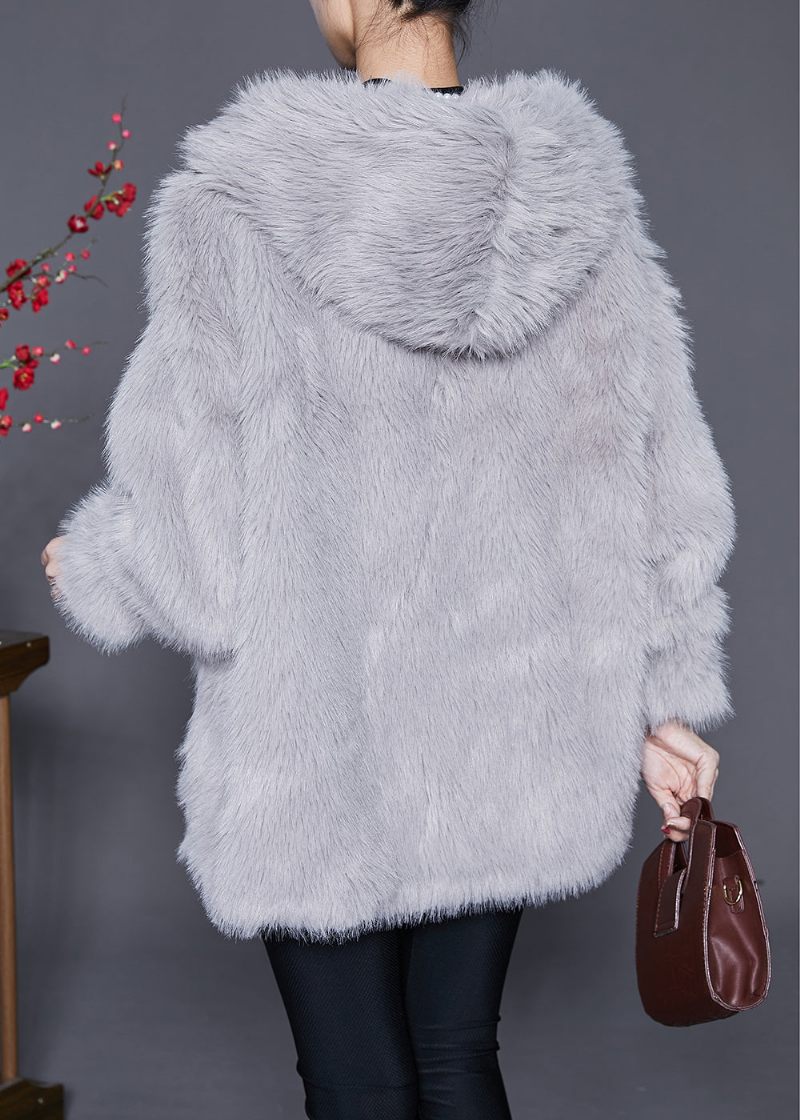 Dam Ljusgrå Hooded Warm Faux Fur Jackor Winter - Vinterkappor för kvinnor