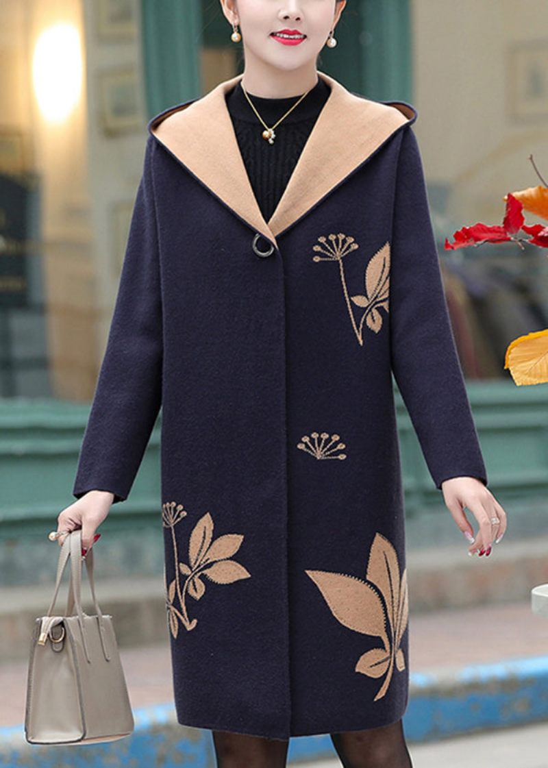 Dam Marinblå Jacquard Zircon Hooded Woolen Coat Spring