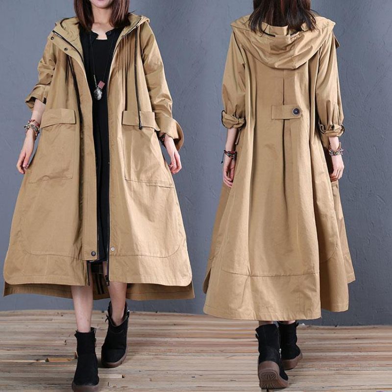 Dam Oversize Lång Vinterkappa Höst Khaki Huva Låg Hög Design Jackor - Trenchcoats för kvinnor