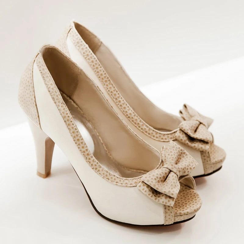 Dam Pumps Skor Högklackat Klänning Pump Peep Toe Sweet Bowtie Dam - Beige