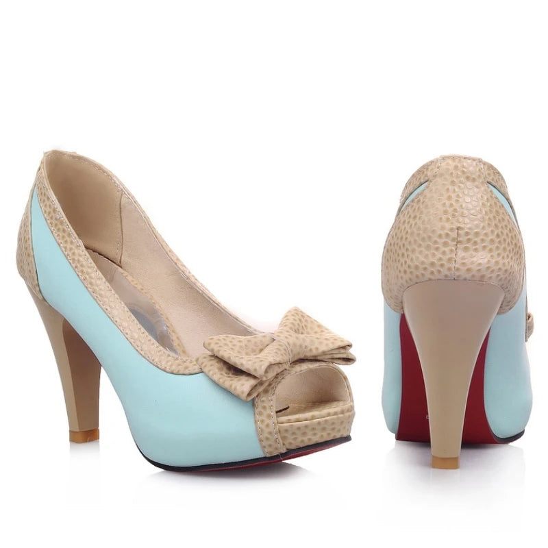 Dam Pumps Skor Högklackat Klänning Pump Peep Toe Sweet Bowtie Dam - Beige