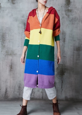 Dam Rainbow Hooded Patchwork Stickade Långa Cardigans Spring