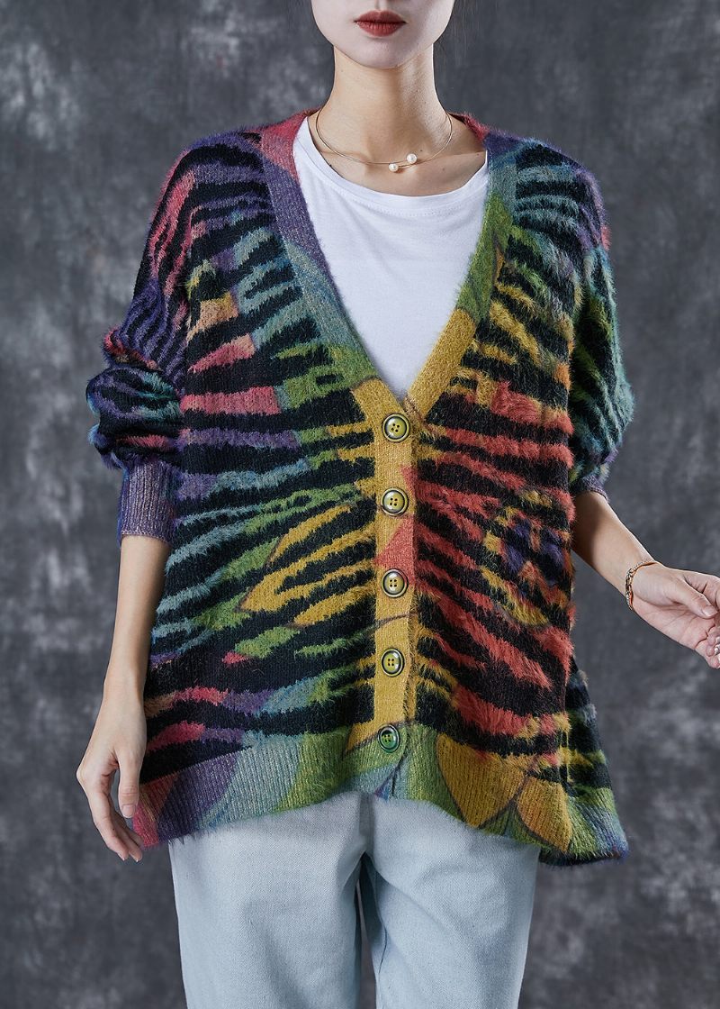 Dam Rainbow Oversized Randig Stickad Cardigan Winter - Koftor för kvinnor