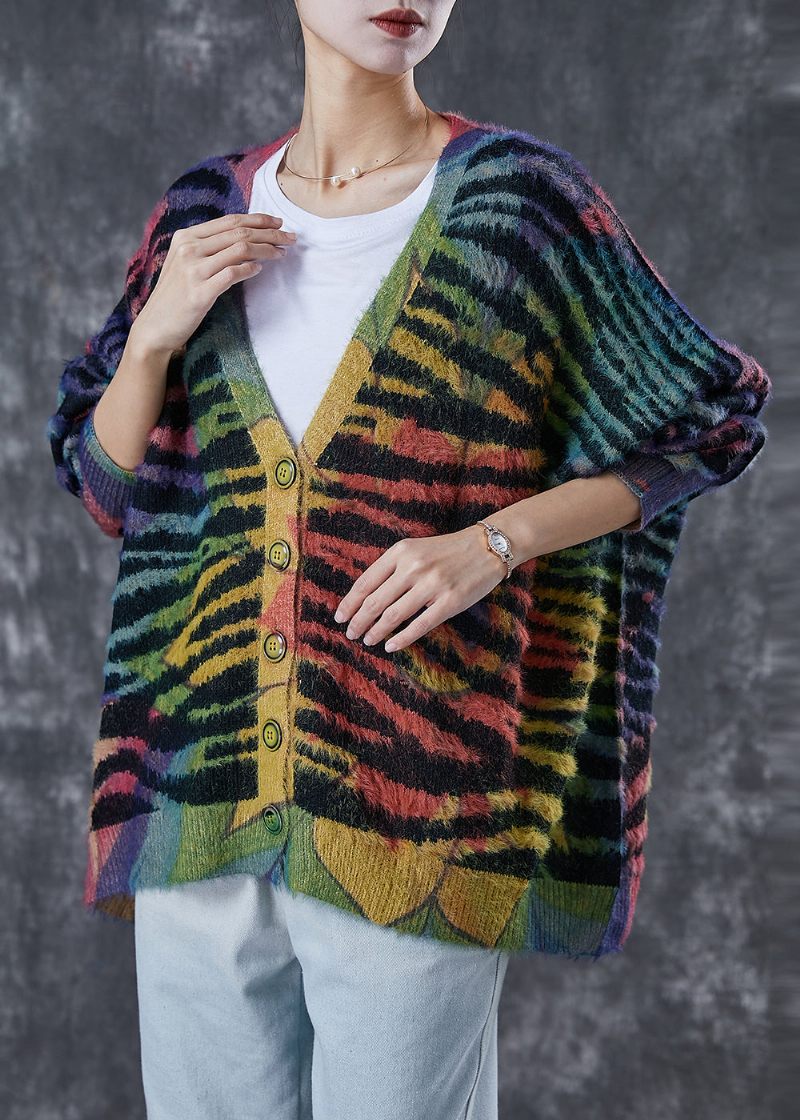 Dam Rainbow Oversized Randig Stickad Cardigan Winter - Koftor för kvinnor