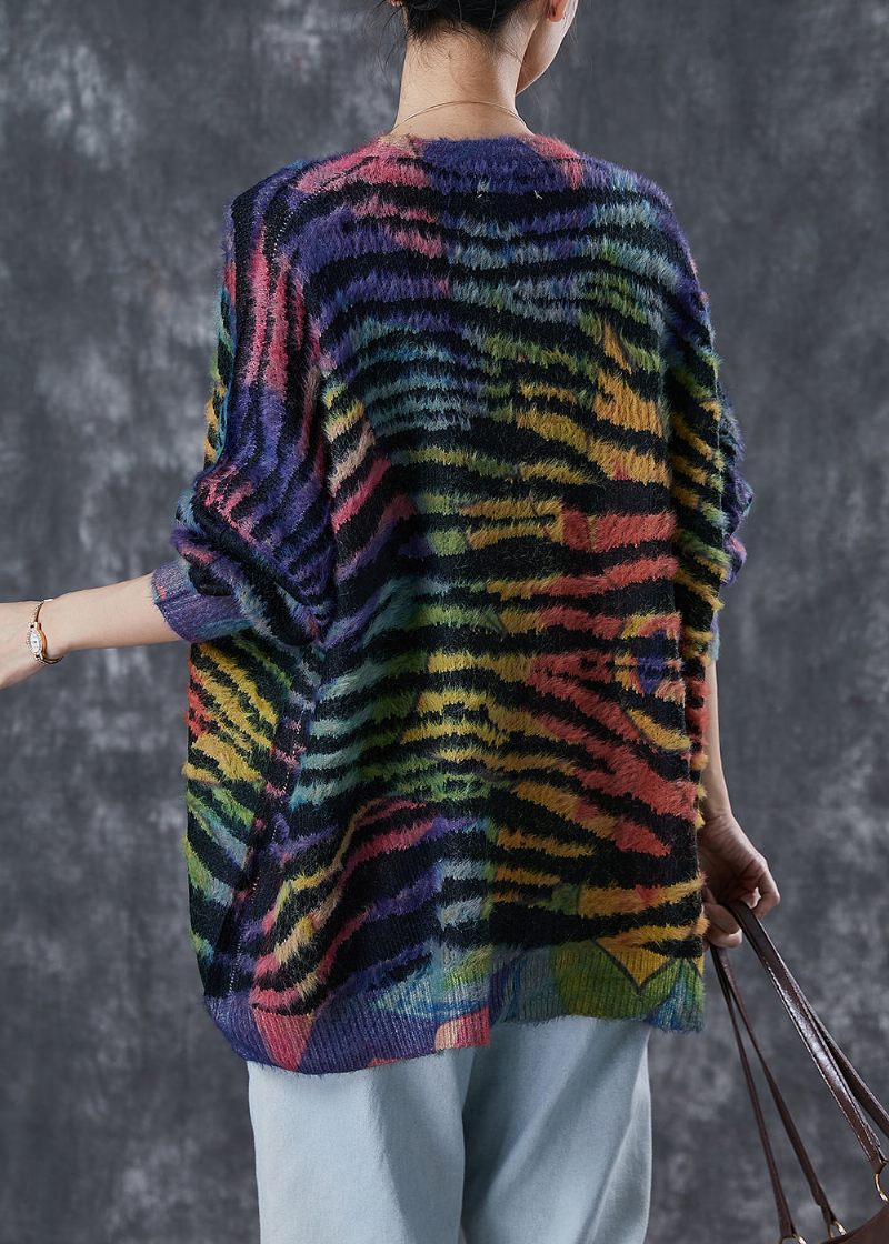 Dam Rainbow Oversized Randig Stickad Cardigan Winter - Koftor för kvinnor