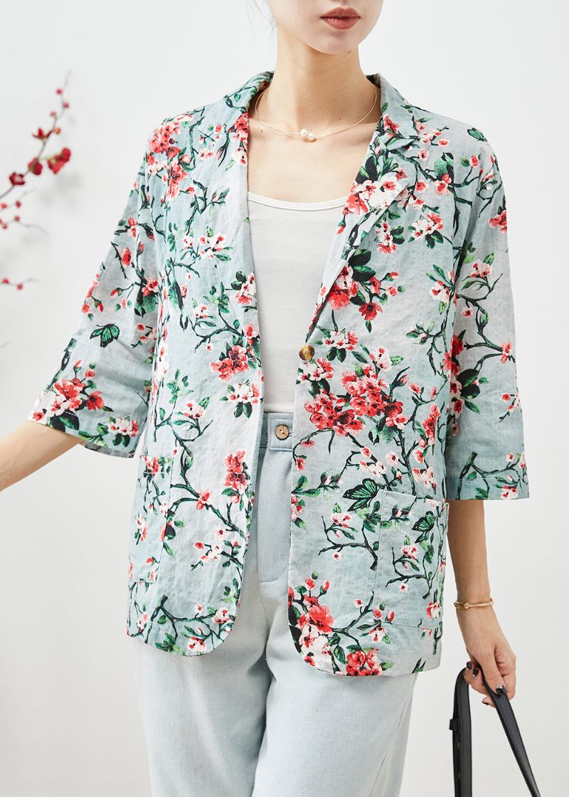 Dam Slim Fit Plum Blossom Print Fickor Linnerockar Half Sleeve - Vinterkappor för kvinnor