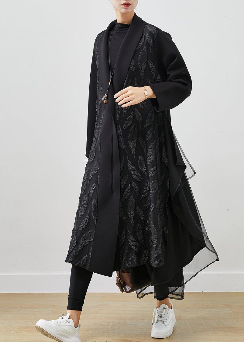 Dam Svart Oversized Patchwork Jacquard Cotton Trench Coats Spring - Trenchcoats för kvinnor