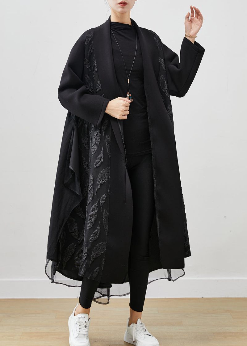 Dam Svart Oversized Patchwork Jacquard Cotton Trench Coats Spring - Trenchcoats för kvinnor