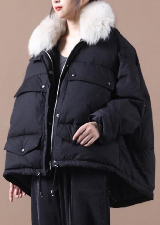 Dam Svart Varm Vinterkappa Plus Size Parka Fuskpälskrage Dragsko Eleganta Kappor