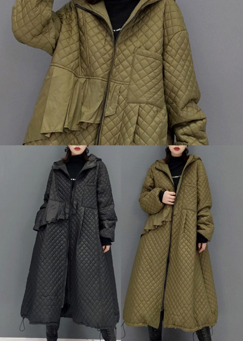 Dam Svarta Hooded Fickor Fin Bomullsfylld Witner Coat Winter - Svart