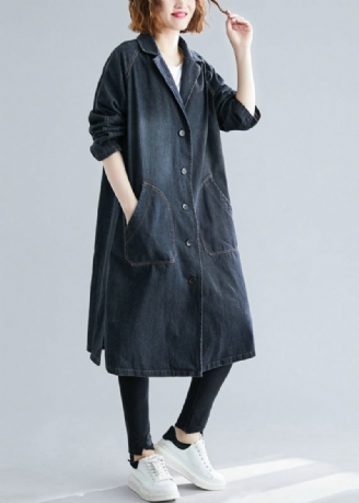 Dam Svarta Naggade Fickor Denim Trench Fall