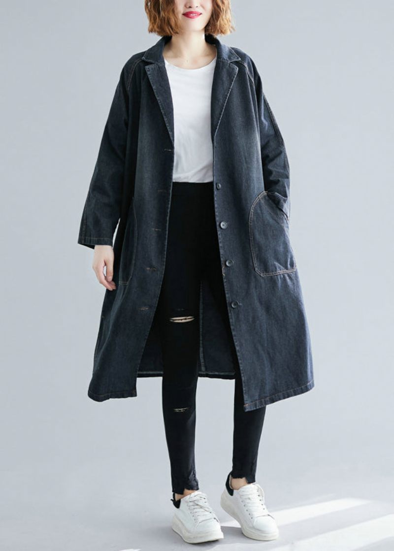 Dam Svarta Naggade Fickor Denim Trench Fall - Trenchcoats för kvinnor