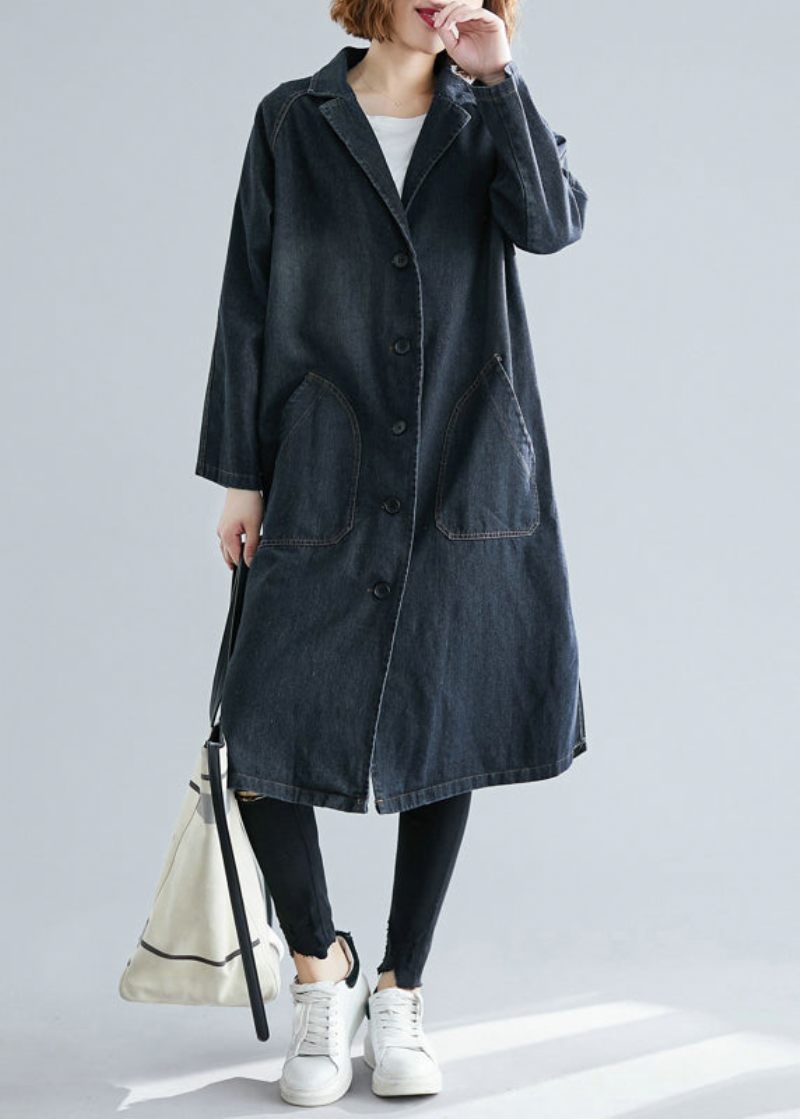 Dam Svarta Naggade Fickor Denim Trench Fall - Trenchcoats för kvinnor