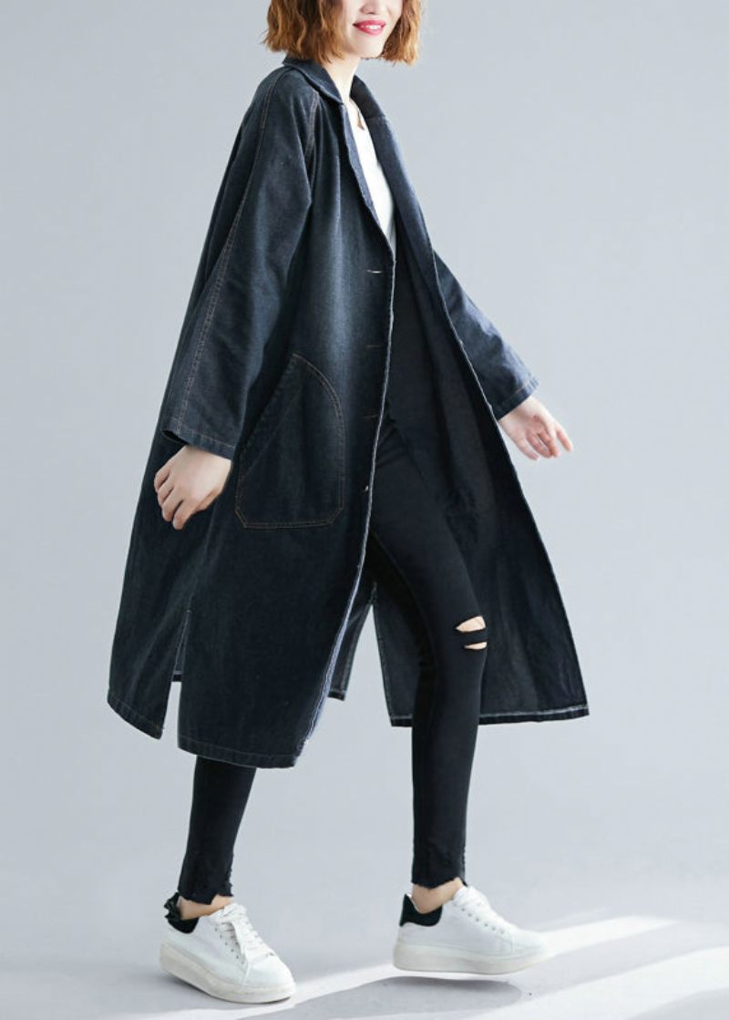 Dam Svarta Naggade Fickor Denim Trench Fall - Trenchcoats för kvinnor