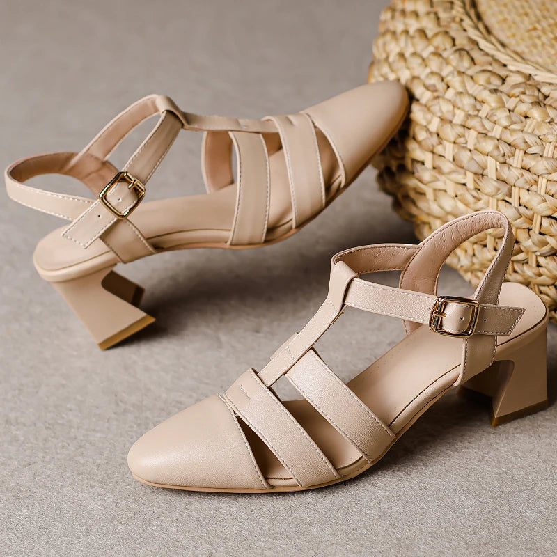 Damsandaler Summer Toe Casual Medium Heel Straps Party Skor - Beige