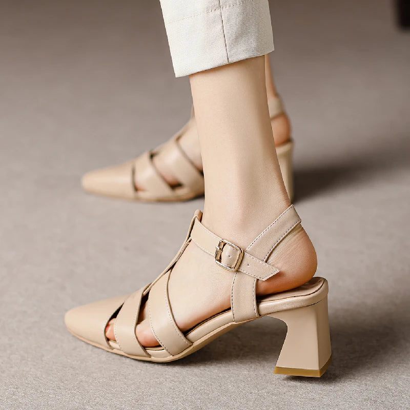 Damsandaler Summer Toe Casual Medium Heel Straps Party Skor - Beige