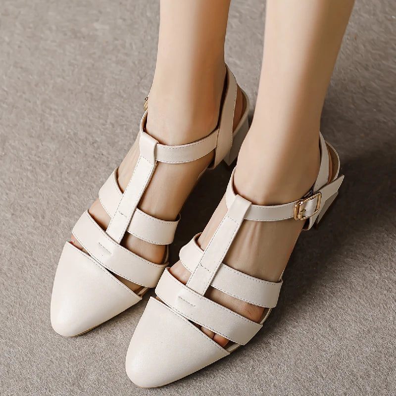 Damsandaler Summer Toe Casual Medium Heel Straps Party Skor - Beige