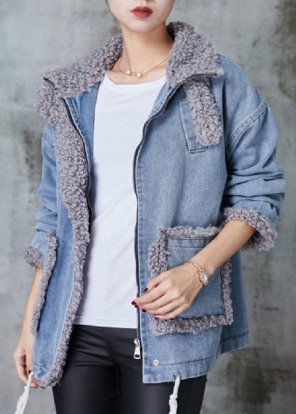 Denim Blå Patchwork Fleece Ull Fodrad Kappa Oversized Vinter