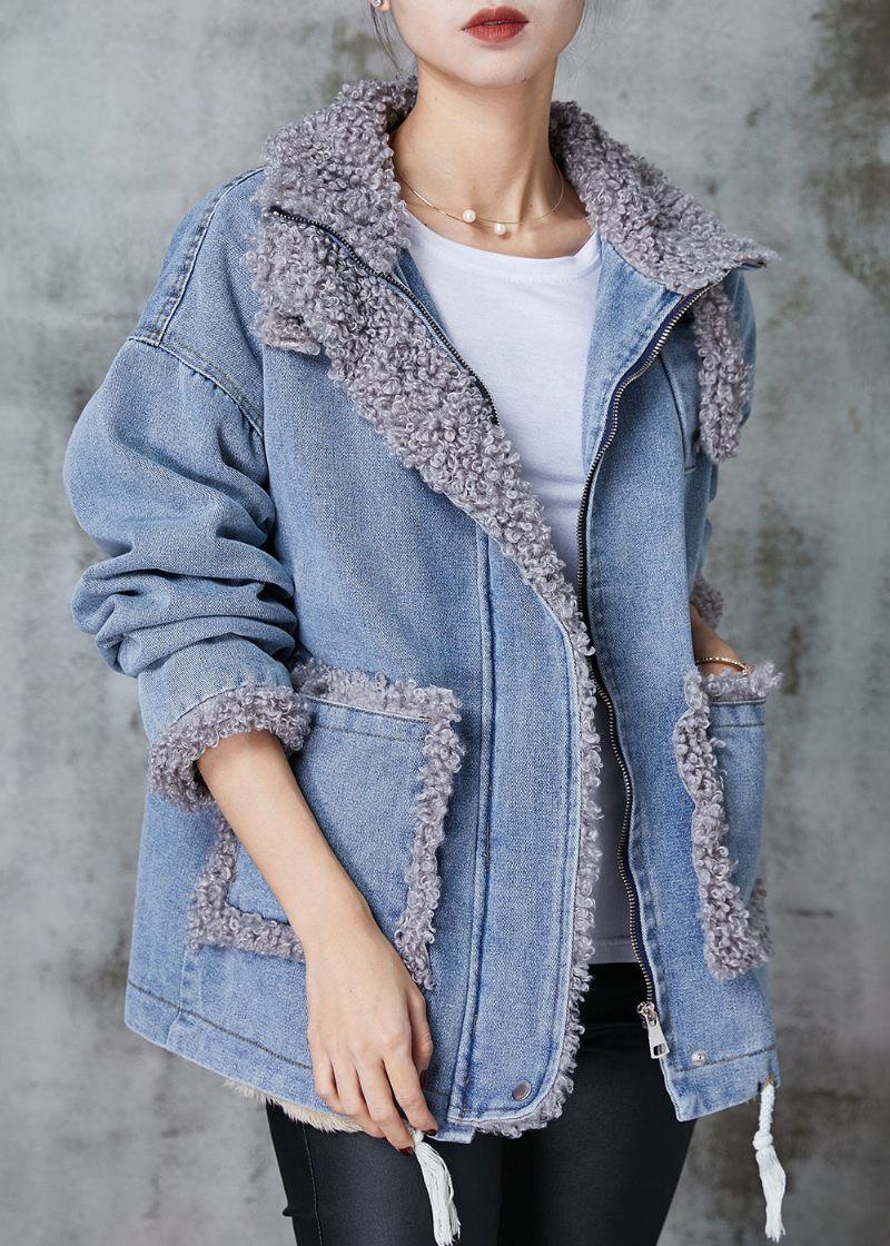 Denim Blå Patchwork Fleece Ull Fodrad Kappa Oversized Vinter - Ullrockar för kvinnor