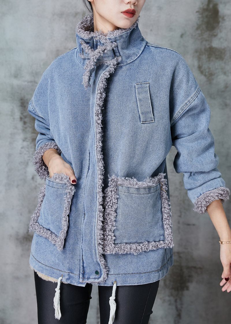 Denim Blå Patchwork Fleece Ull Fodrad Kappa Oversized Vinter - Ullrockar för kvinnor