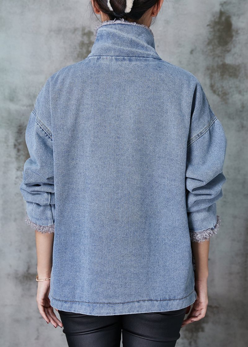 Denim Blå Patchwork Fleece Ull Fodrad Kappa Oversized Vinter - Ullrockar för kvinnor