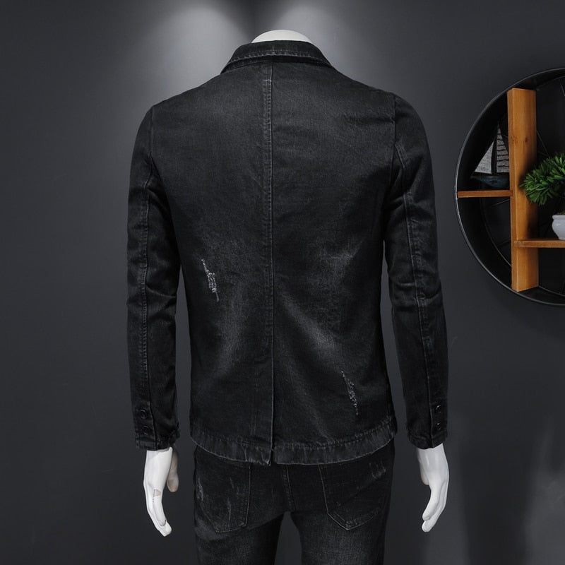 Denim Blazer Herr Jeans Slim Fit Cowboyrockar Fritid Kostym Jean Jacka Casual Coat Enkelknapp Ny - Grå