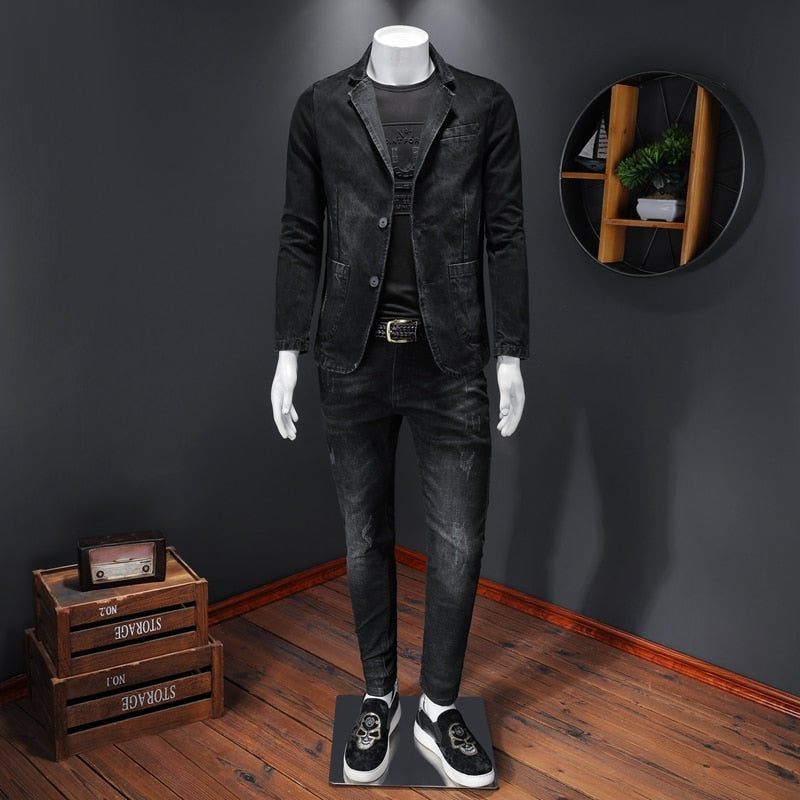 Denim Blazer Herr Jeans Slim Fit Cowboyrockar Fritid Kostym Jean Jacka Casual Coat Enkelknapp Ny - Grå