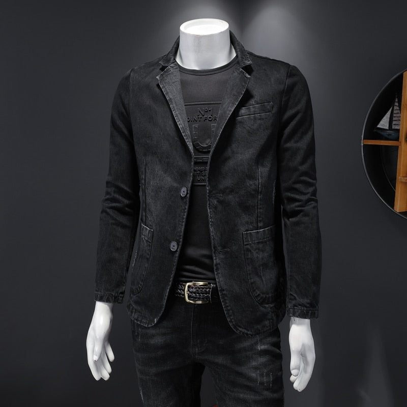 Denim Blazer Herr Jeans Slim Fit Cowboyrockar Fritid Kostym Jean Jacka Casual Coat Enkelknapp Ny - Grå