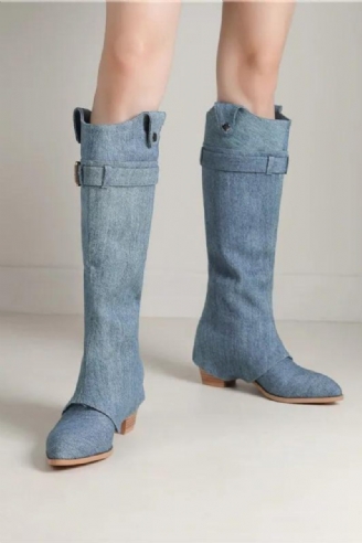 Denim Slip On Vinterstövlar Med Spetsad Tå Fyrkantiga Högklackade Stövlar Spänne Topprea Damveckade Knähöga