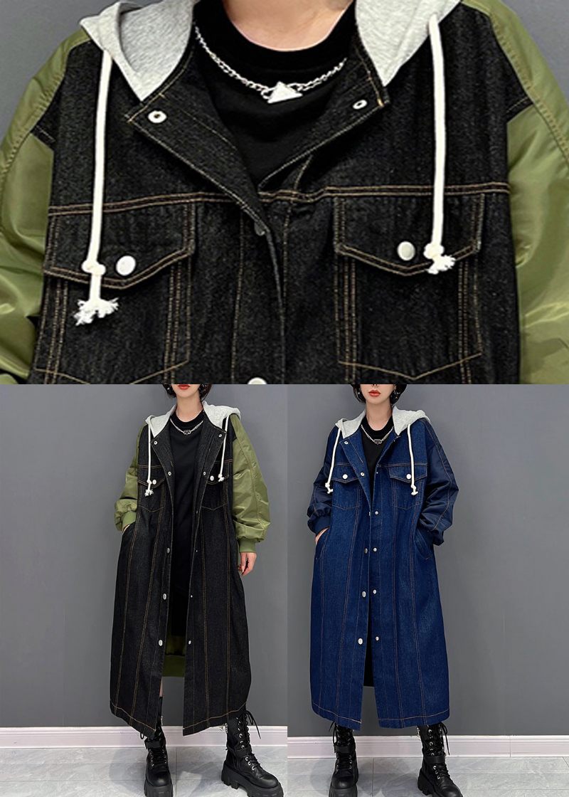 Denim Svart Patchwork Button Hood Coat Fall - Svart