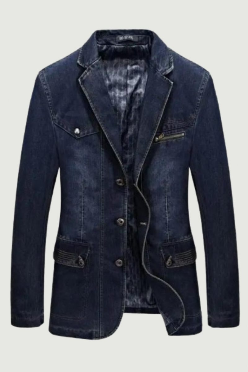 Denim Trench Höst Vinter Jeansjacka Herr Lapel Collar Washed Coat