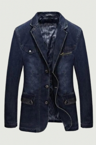 Denim Trench Höst Vinter Jeansjacka Herr Lapel Collar Washed Coat