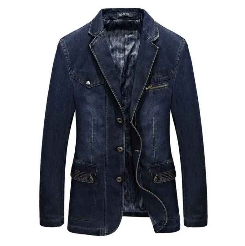 Denim Trench Höst Vinter Jeansjacka Herr Lapel Collar Washed Coat - Mörkblå