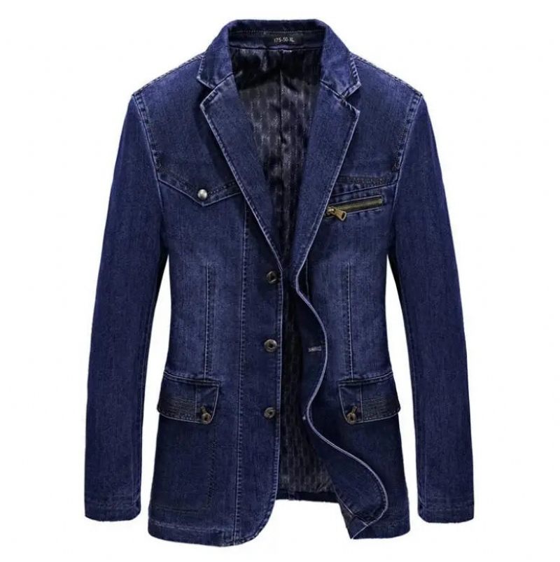 Denim Trench Höst Vinter Jeansjacka Herr Lapel Collar Washed Coat - Mörkblå