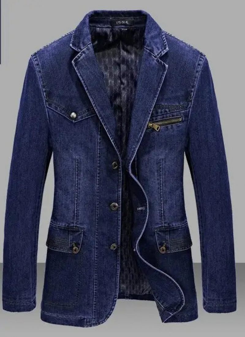 Denim Trench Höst Vinter Jeansjacka Herr Lapel Collar Washed Coat - Mörkblå