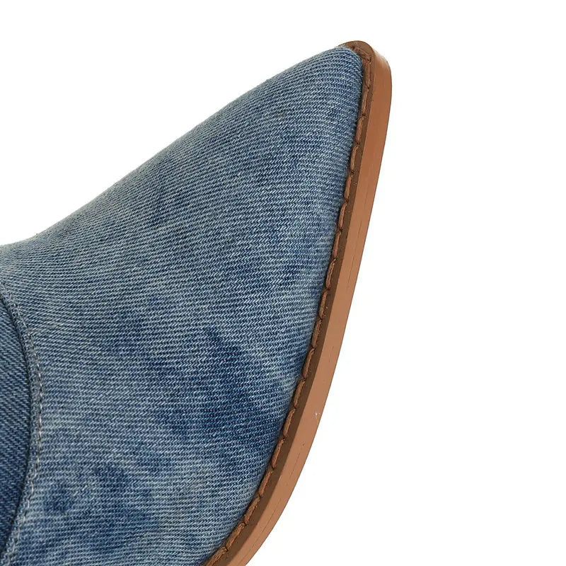 Denim Västerländska Kvinnor Knähöga Stövlar Kilar Högklackade Cowboystövlar Slip On Höst Vinter Kvinna Skor - Blå