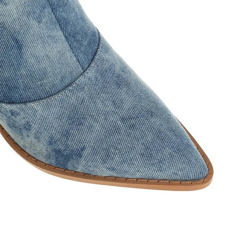 Denim Västerländska Kvinnor Knähöga Stövlar Kilar Högklackade Cowboystövlar Slip On Höst Vinter Kvinna Skor - Blå