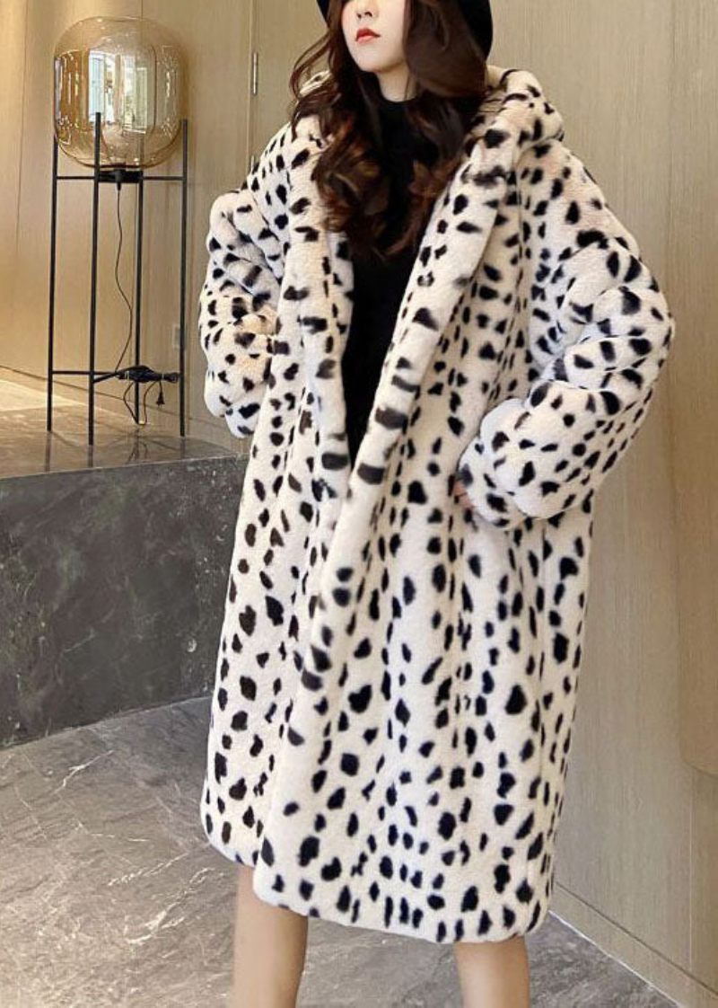 Diy Beige Hooded Leopard Print Fuzzy Fur Fluffy Coat Vinter - Vinterkappor för kvinnor