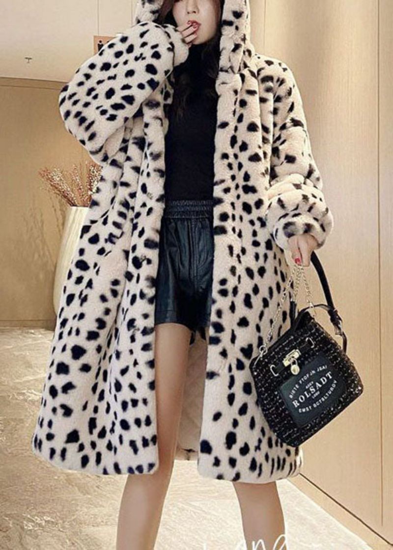 Diy Beige Hooded Leopard Print Fuzzy Fur Fluffy Coat Vinter - Vinterkappor för kvinnor