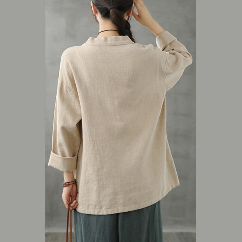 Diy Beige Skjortor Kvinnor V-halsfickor Plus Size Clothing Shirt - Choklad