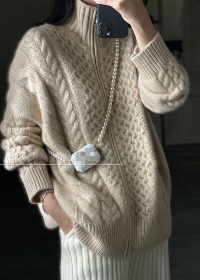 Diy Beige Zip Up Casual Ylle Stickade Toppar Kappa Vintrar - Ullrockar för kvinnor